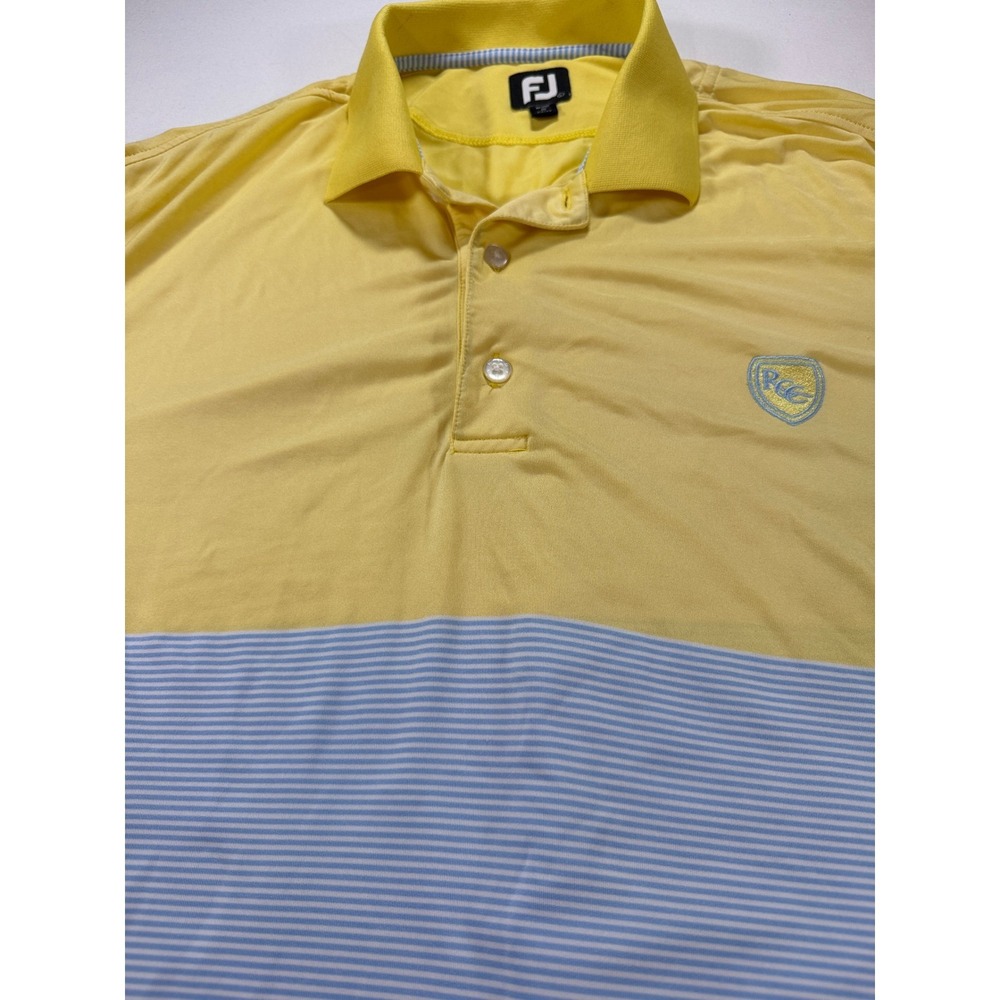 FootJoy FJ Performance Golf Polo Shirt Mens Large Yellow Blue Stripe Crest Logo - Picture 5 of 8